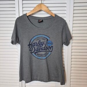 Harley Davidson Graphic T-Shirt Biker Tee‎ Top Womens L Gray Blue Sparkles Bling